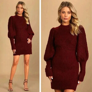 NEW Lulu's Mix Things Up Burgundy Puff Sleeve Bodycon Sweater Dress Cable Knit